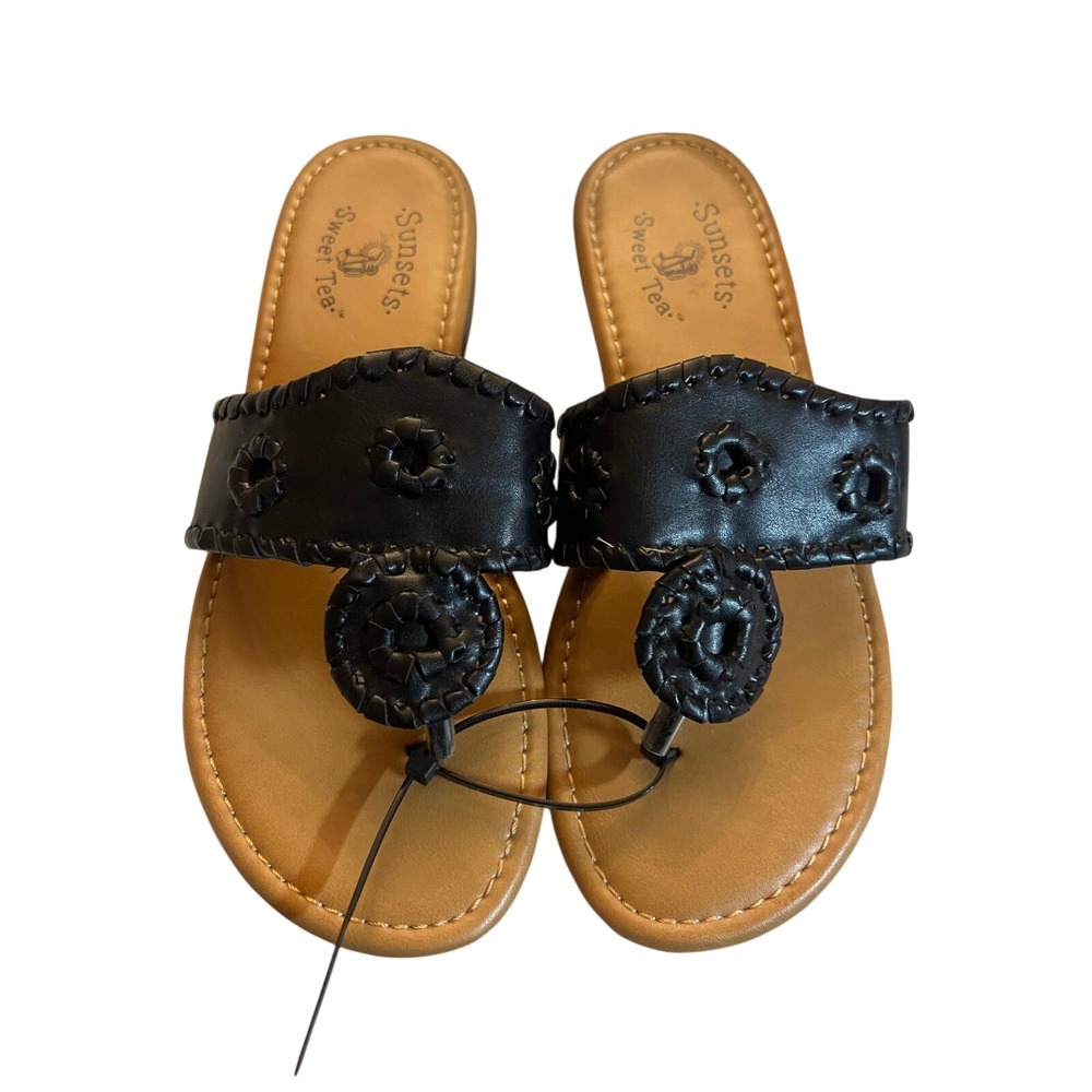 Womens Sunsets Sweet‎ Tea Sandals 6 Preppy Whipstitch Medallion Black Thong Flat